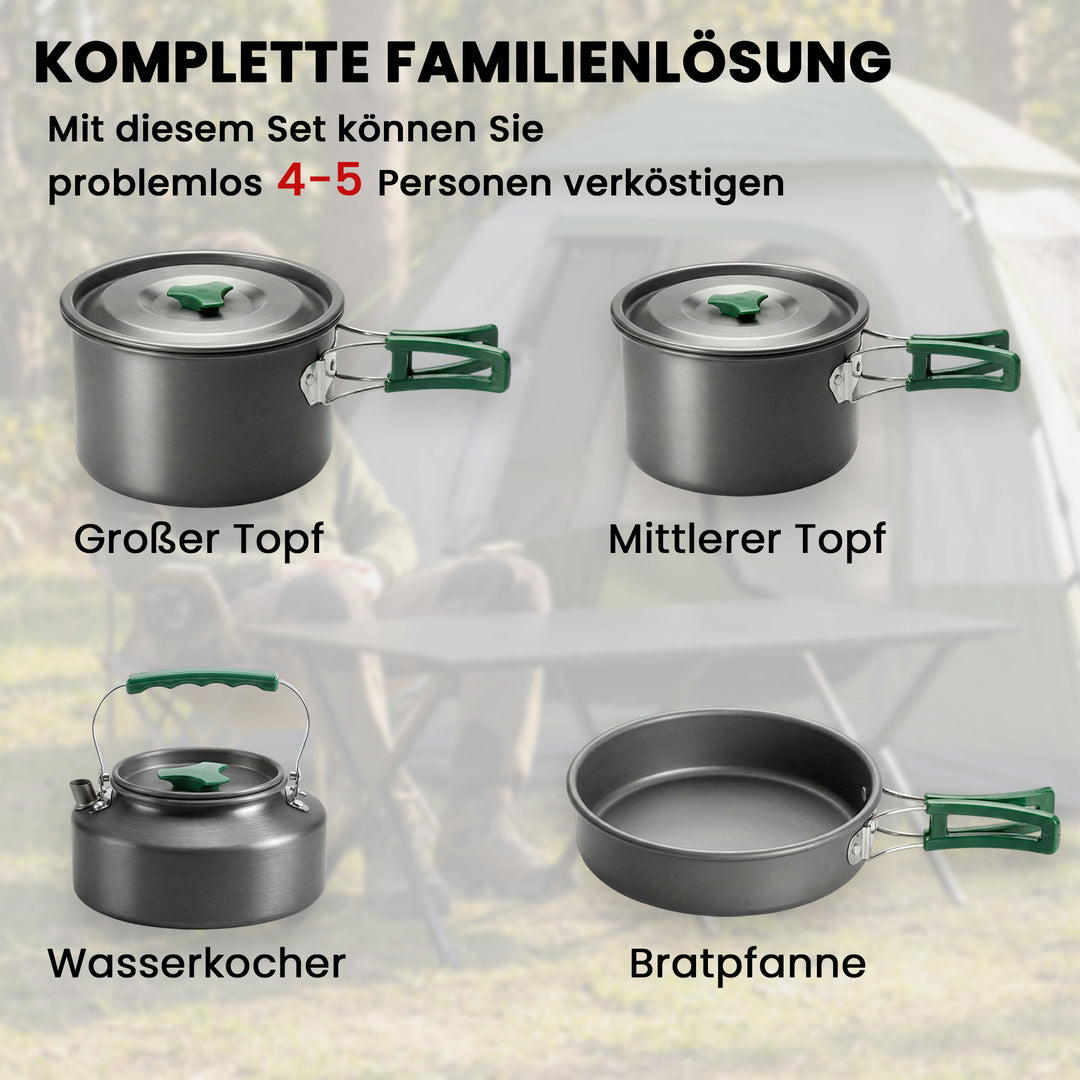 Campingkøkkensæt, 5-delt udendørs køkkensæt med skoldningssikre håndtag, gryder og pander til 4-5 personer, grå