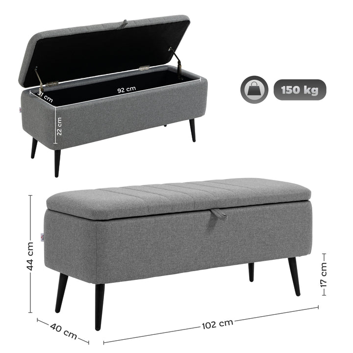 Opbevaringsbænk med linnedlook, kommode med stålben, 102 x 40 x 44 cm, grå