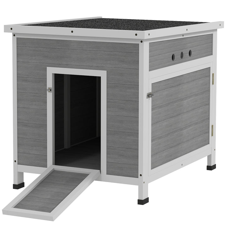 Andehus i træ med asfalttag, aftageligt gulv, sidedør, hønsehus med ventilationshuller, vejrbestandigt, gåsehus, hønsehus, lysegrå, 63 x 82 x 76 cm