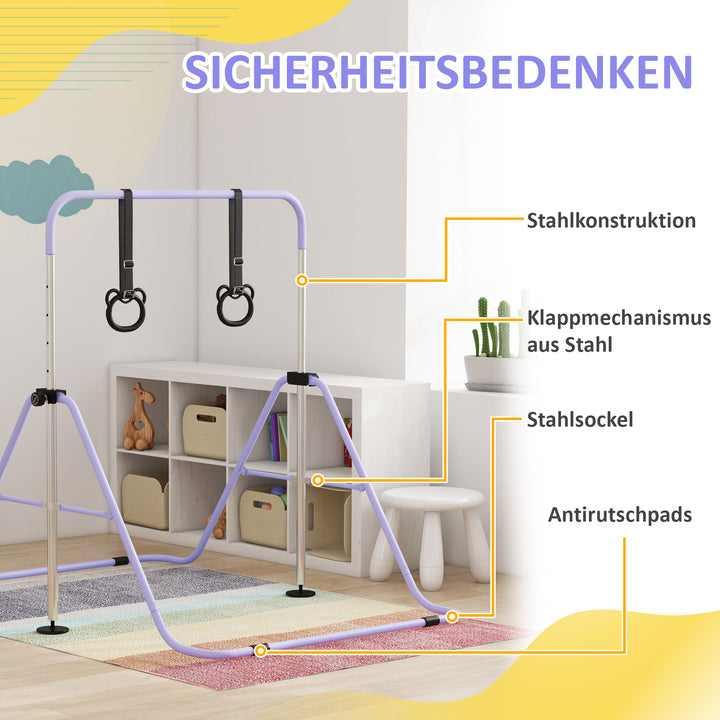 Børne parallelle stænger med ringe, højdejusterbare, foldbare, skridsikkert, stålstel, 148x105x88-128 cm, lyserød