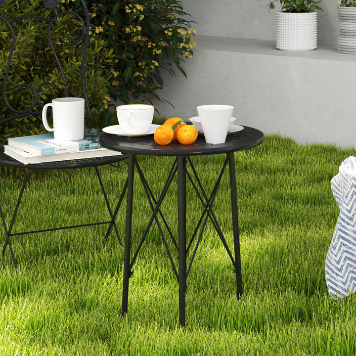 Havebord, rundt terrassebord med blomstermønster, stål, bistrobord til indendørs og udendørs brug, sort