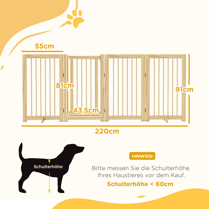 Hundegitter, fritstående, foldbart, med dør og fødder, træramme, 220x36x91cm