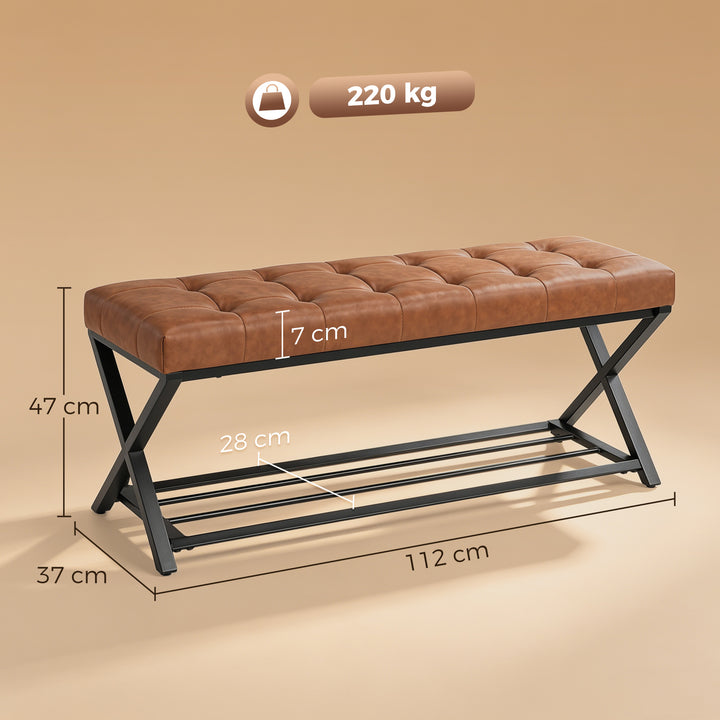 Skobænk, entrébænk med kunstlæderbetræk, opbevaringskapacitet op til 220 kg til entré, entré, 112 x 37 x 47 cm, brun