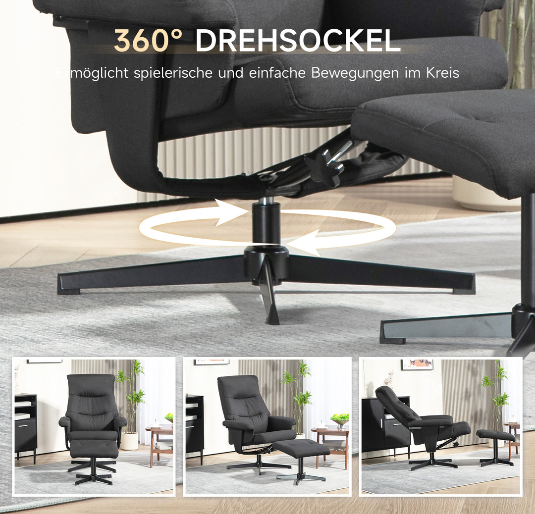 Hvilestol med fodskammel, drejefunktion, vippefunktion, fløjlslook, op til 150 kg, sort