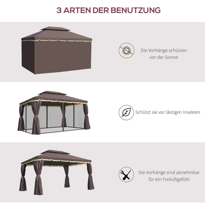 Havepavillon, lysthus, 390 x 290 x 280 cm, havetelt, partytelt med 4 sidepaneler, myggenet, vejrbestandig, aluminium, polyester, kaffe+sort