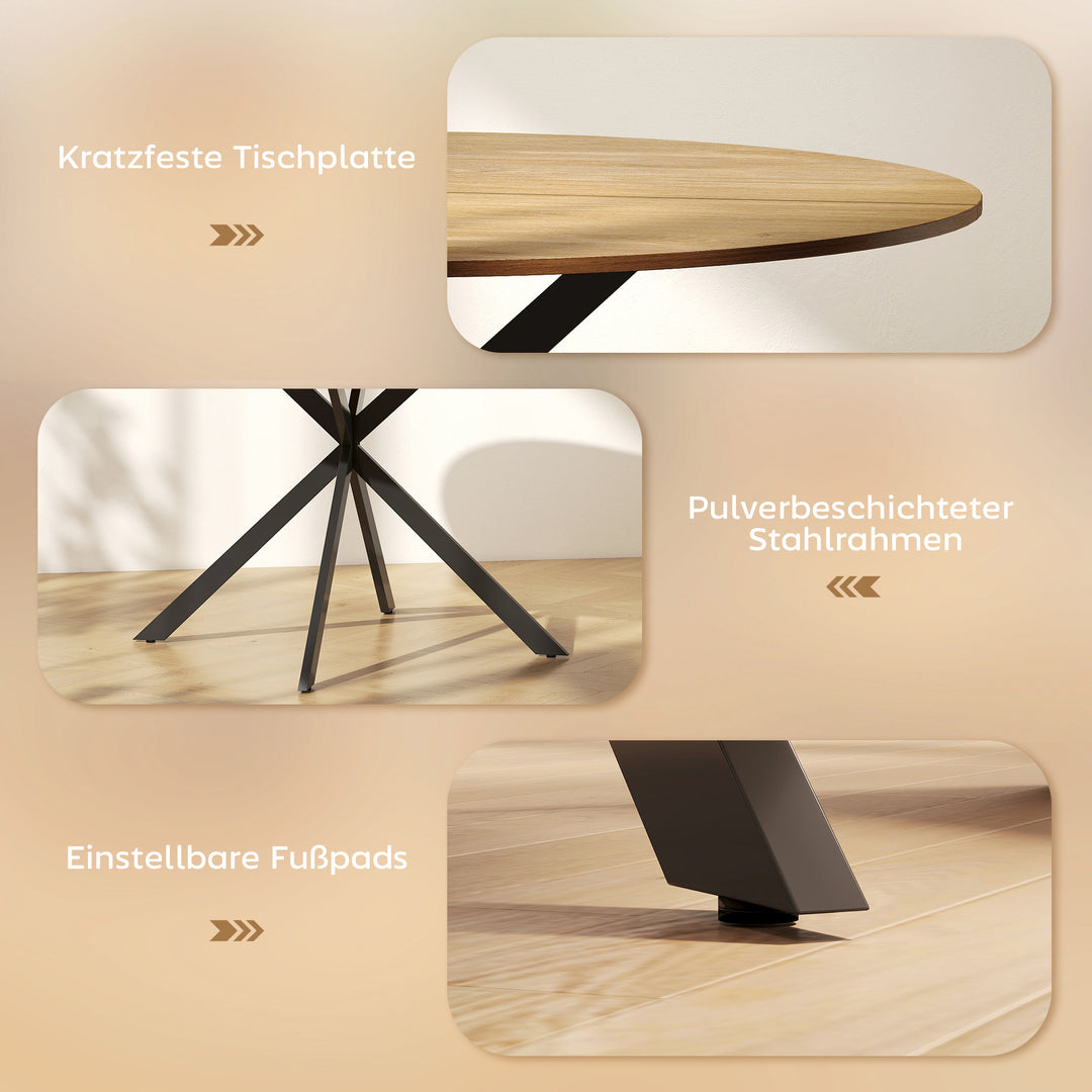 Rundt spisebord til 4 personer, industrielt køkkenbord med stålben, til spisestue, køkken, egetræ