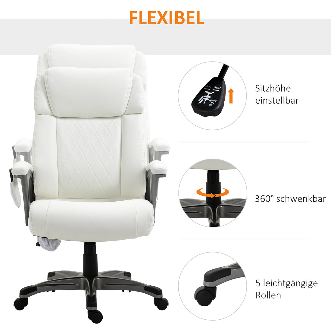 Massage kontorstol 6-punkts massage drejestol ergonomisk stol justerbar kunstlæder med buet nakkestøtte og armlæn hvid 70 x 76,5 x 114-124 cm