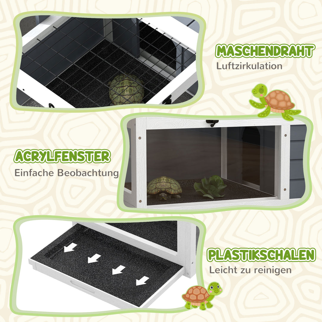 Skildpaddehus, krybdyrkasse med 2 rum, låg, plastbakker, vindue, træ, grå
