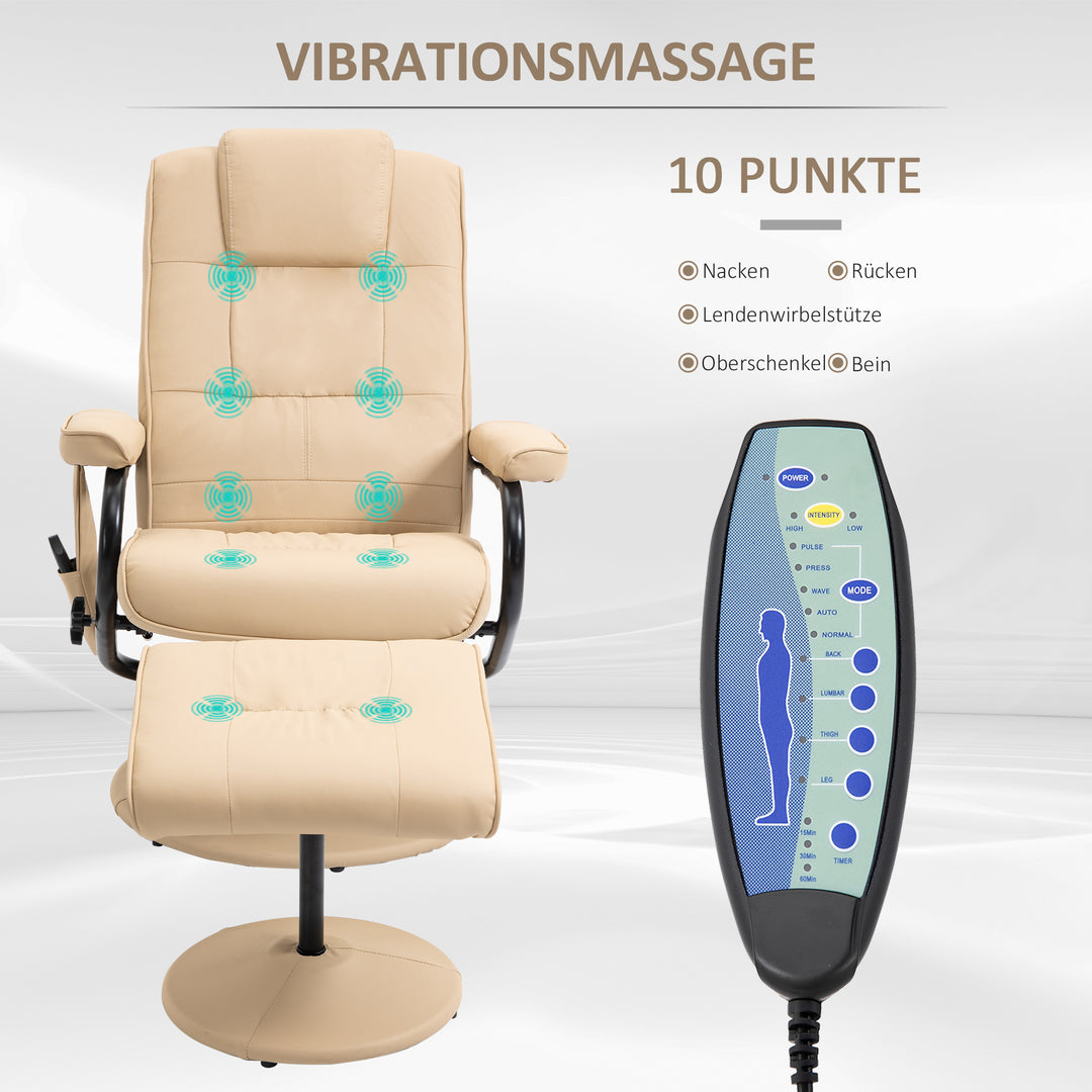 Massagestol med skammel, drejelig lænestol med massagefunktion, elektrisk tv-stol med lænefunktion, fjernbetjening til stue, kunstlæder, creme