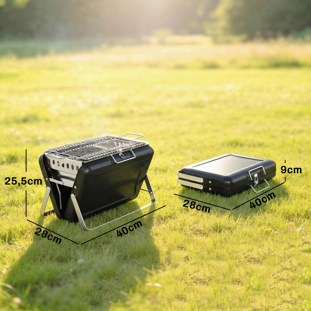 Rustfrit stål kulgrill BBQ-ryger med grillrist, håndtag og sammenklappelige ben til grill og camping, 40x28x25,5 cm, sort