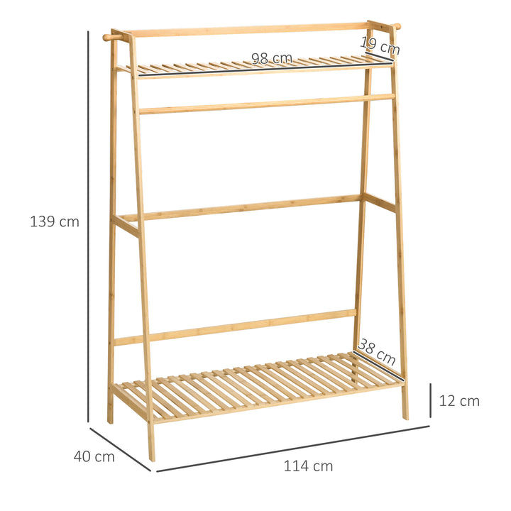 Bambus tøjstativ med 2 knager og tøjstang, 2 hylder, 114 x 40 x 139 cm