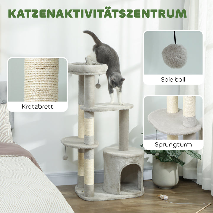 Kradsetræ 114 cm kattetårn med hule, sisalstolper, platform, flere etager til mellemstore katte under 6 kg, lysegrå