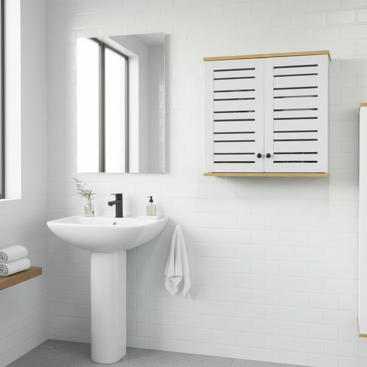 Vægskab med 2 døre / badeværelsesskab med dekorative luftrum, 60x19x56 cm, hvid og naturfarvet