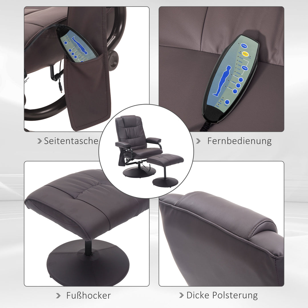 Massagestol med lænestol, inklusive fodskammel, 10 vibrationspunkter, 1 fjernbetjening; 77 cm x 84 cm x 95 cm, brun