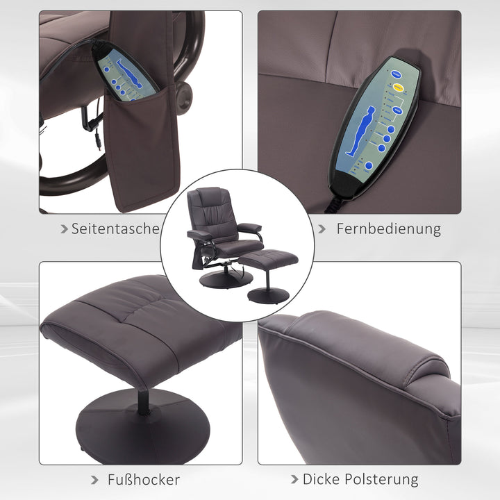 Massagestol med lænestol, inklusive fodskammel, 10 vibrationspunkter, 1 fjernbetjening; 77 cm x 84 cm x 95 cm, brun