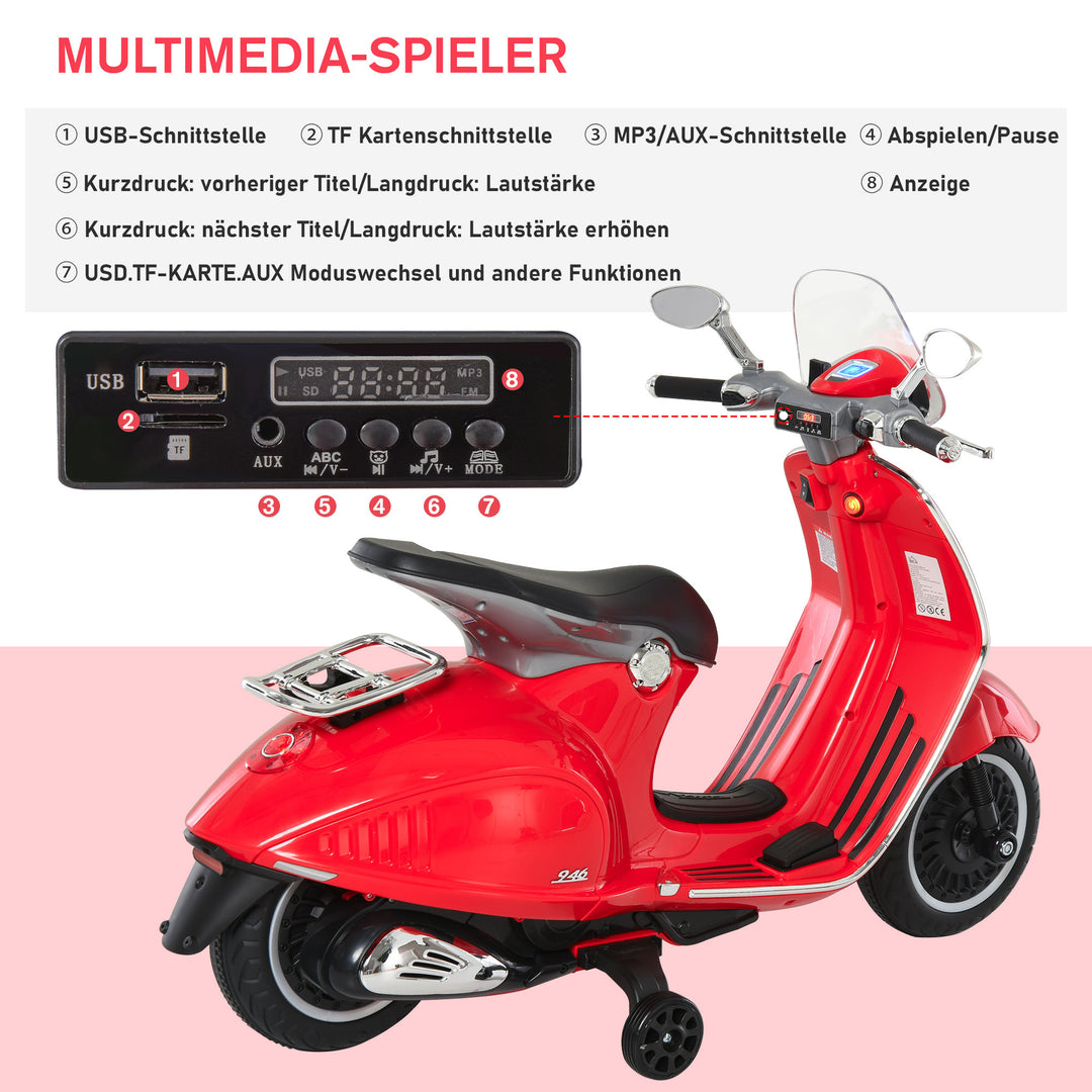 Børne elmotorcykel, 6v børnemotorcykel med forlygte, musik, frem- og bakgear, støttehjul, 30 kg lastkapacitet, elmotorcykel til børn 3-6 år, rød