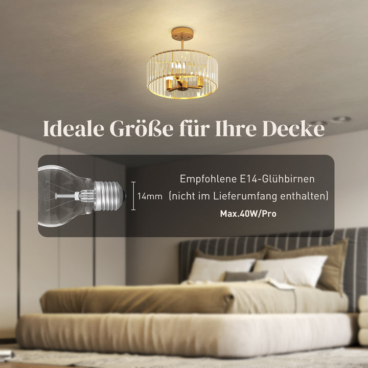 Loftlampe, lysekronedesign, krystalskærm, 3 pærer, metal, guld