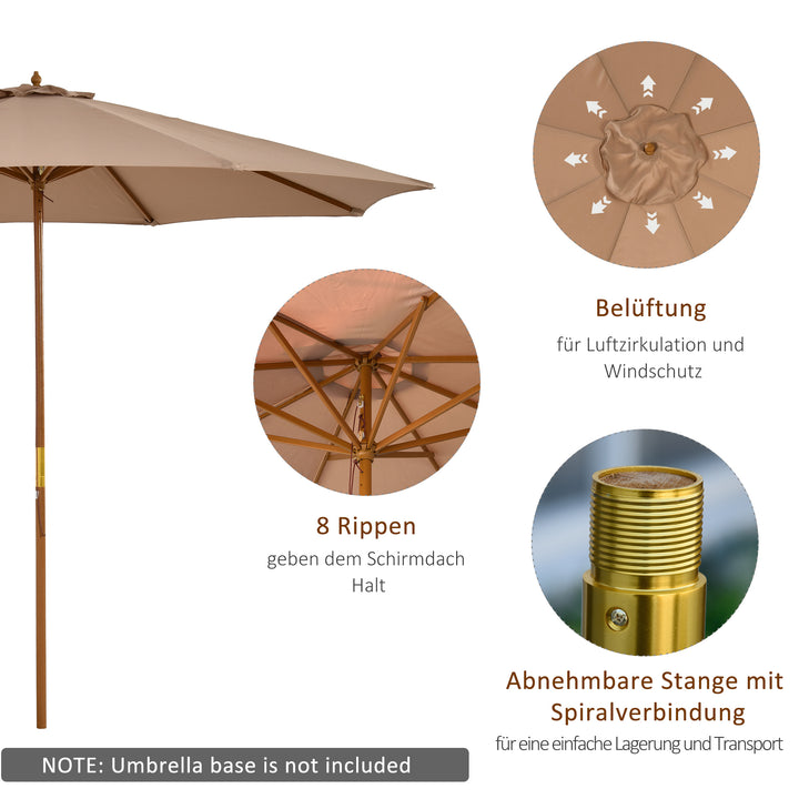 Parasol Ø 300 cm, parasol med UV-beskyttelse, træparasol til balkon, stabil strandparasol, markedsparasol, solbeskyttelse til strand, terrasse, have, khaki