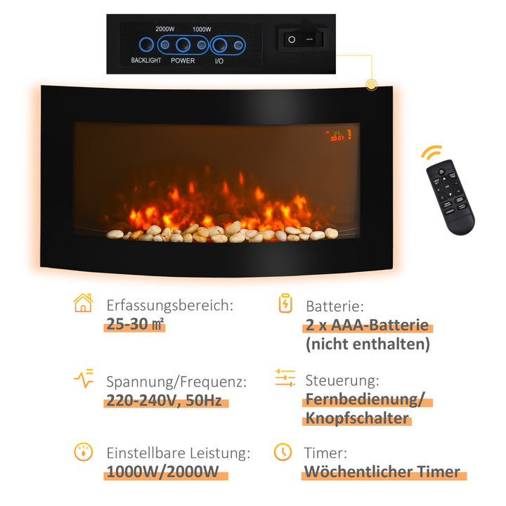 Elektrisk pejs med varmelegeme, vægmonteret pejs med LED-flammeeffekt, 7 flammefarver, 1000/2000 W, elektrisk pejs med timer, justerbar termostat, dekorativ pejs med fjernbetjening, sort, 89,2 cm
