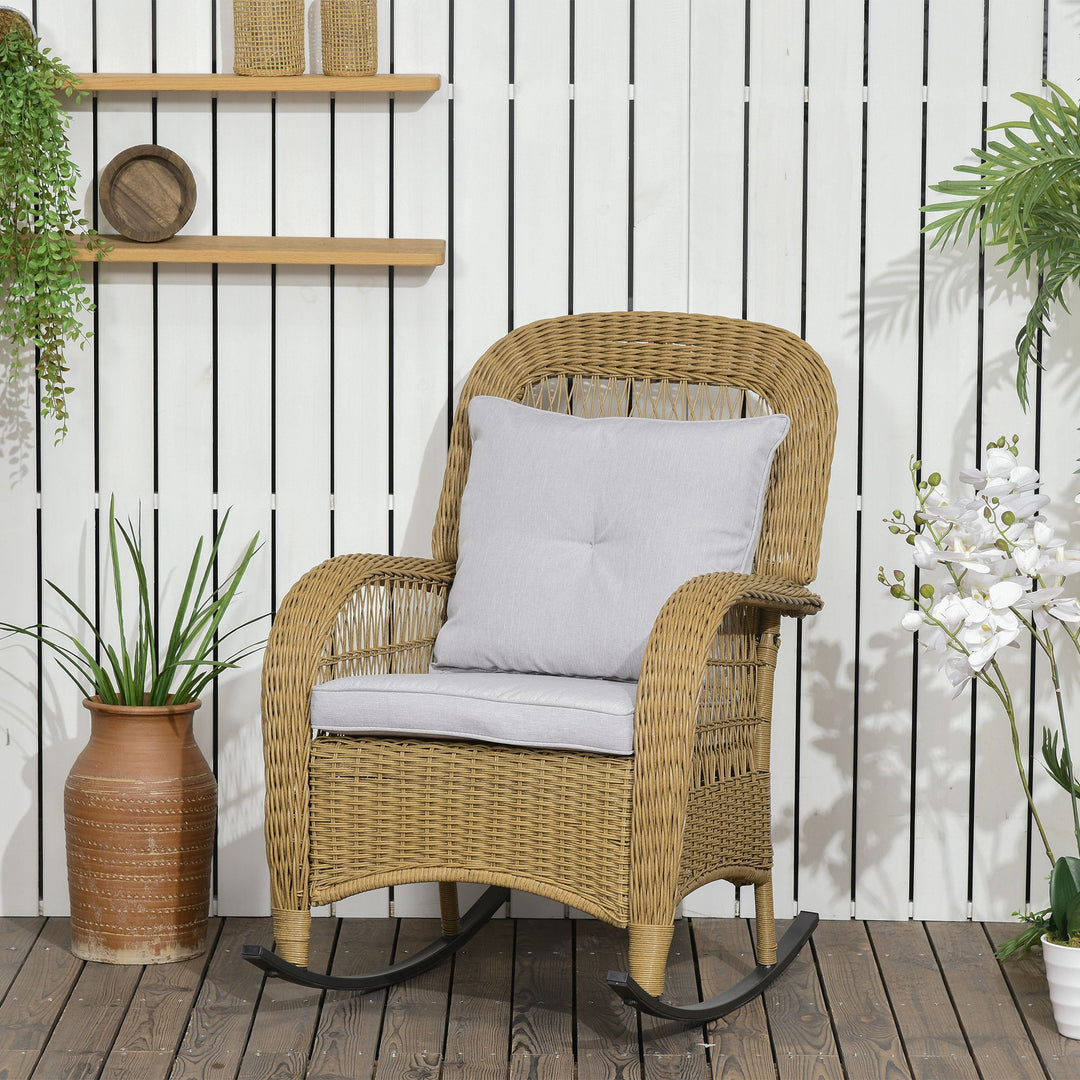 Gyngestol i bohemestil, PE-rattan, gyngestol i rattan, vaskbare hyndebetræk, natur + lysegrå