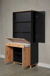 Pladsbesparende skrivebordsmøbel, skrivebord, skab og reol i et, sort og naturfarvet