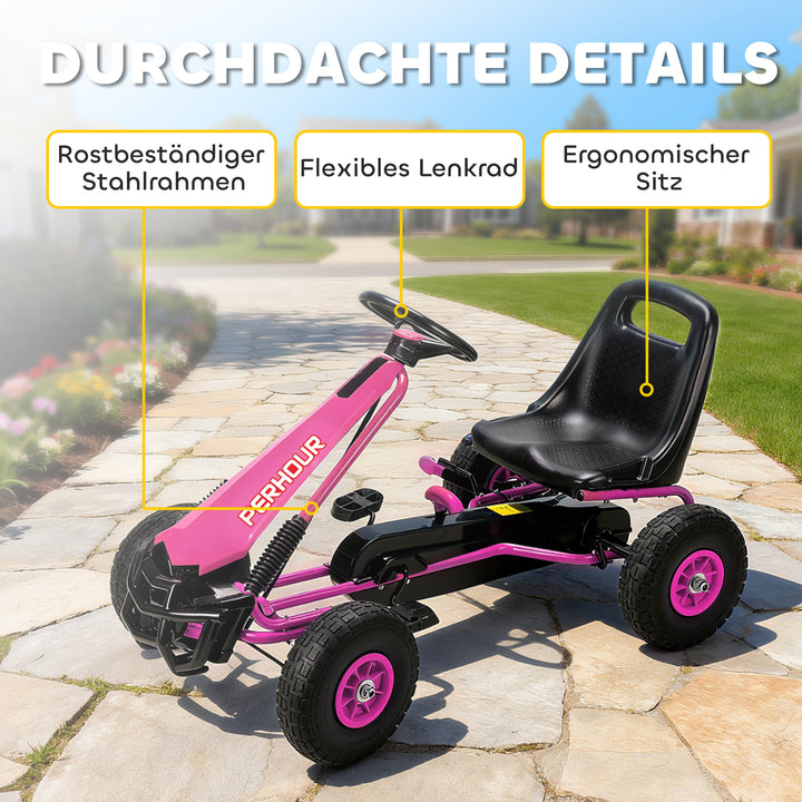 Pedal-gokart til børn, højdejusterbart sæde, EVA-hjul, bremse, kobling, alder 3-8, pink