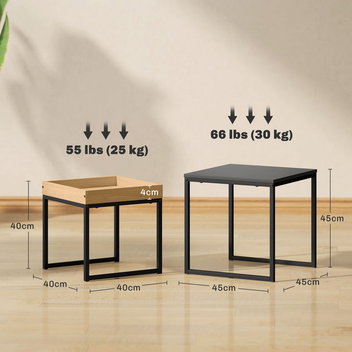 Moderne sofabord, sæt med 2 sofaborde, til små rum, firkantet, mdf, metal, sort