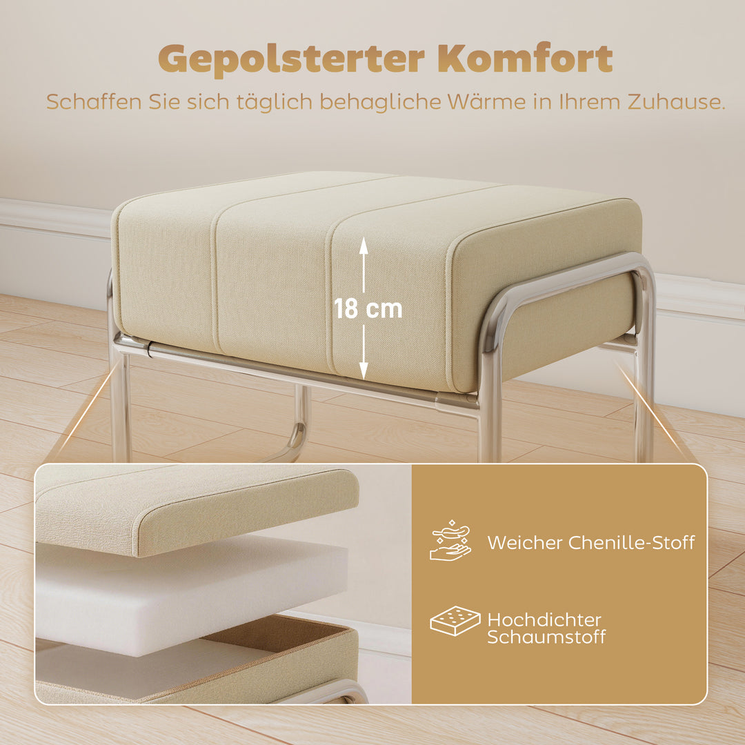 Fodskammel, tykt polstret skammel med chenillestof og stålben til soveværelse, beige