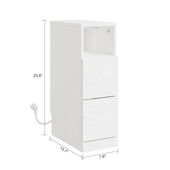 Sengebord med 2 skuffer, ladestation og LED-lys – hvid