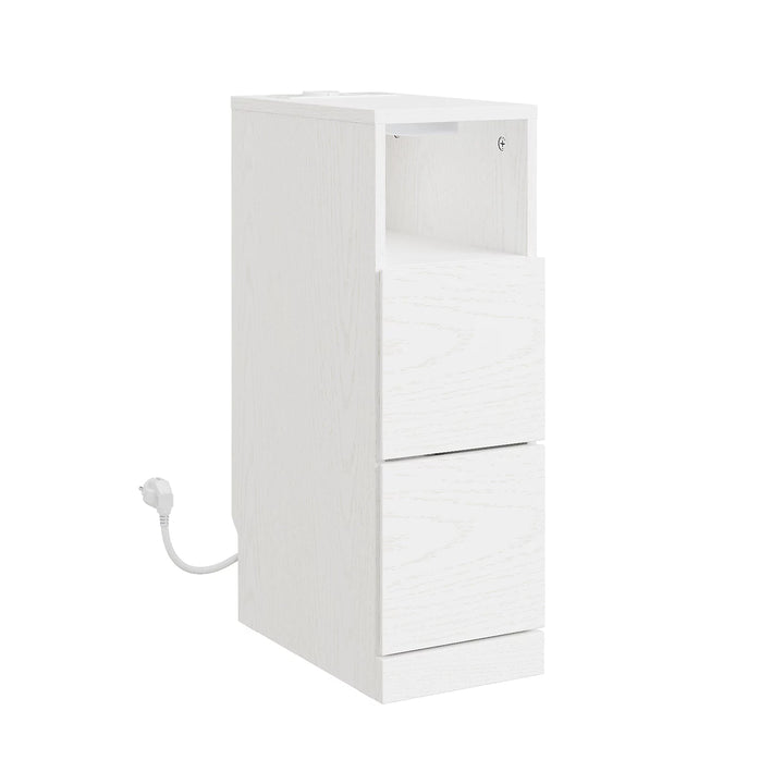 Sengebord med 2 skuffer, ladestation og LED-lys – hvid