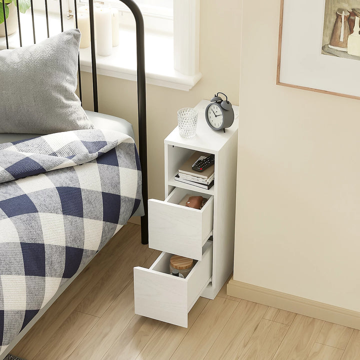 Sengebord med 2 skuffer, ladestation og LED-lys – hvid