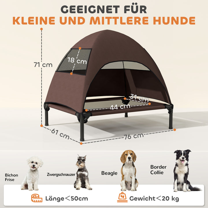 Udendørs hundeseng med tag, hævet hundeseng til mellemstore hunde, 76 x 61 x 71 cm, kaffe