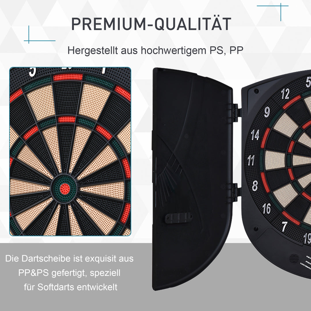 Elektronisk dartskive med stemmemeddelelser (engelsk stemme), LED-displays, 6 dart, 26 spil, 185 variationer, dartmaskine med dør, dartskivesæt til op til 8 spillere