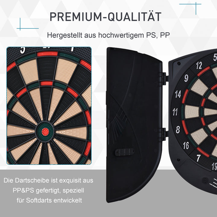 Elektronisk dartskive med stemmemeddelelser (engelsk stemme), LED-displays, 6 dart, 26 spil, 185 variationer, dartmaskine med dør, dartskivesæt til op til 8 spillere