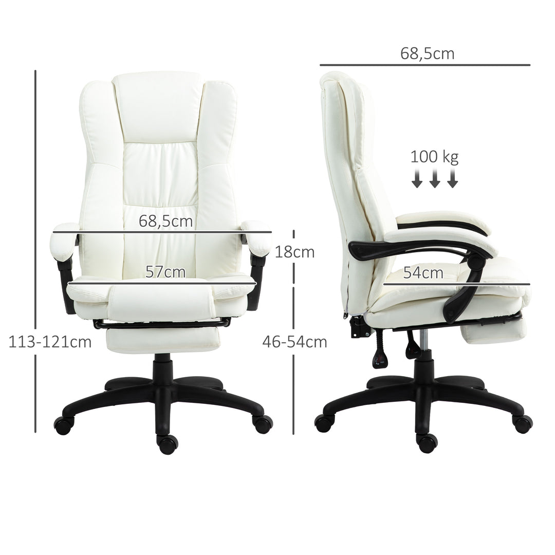 Justerbar drejestol med fodstøtte, nakkestøtte, massagefunktion, kunstlæder, 68,5x68,5x113-121cm, cremehvid