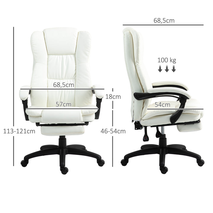 Justerbar drejestol med fodstøtte, nakkestøtte, massagefunktion, kunstlæder, 68,5x68,5x113-121cm, cremehvid