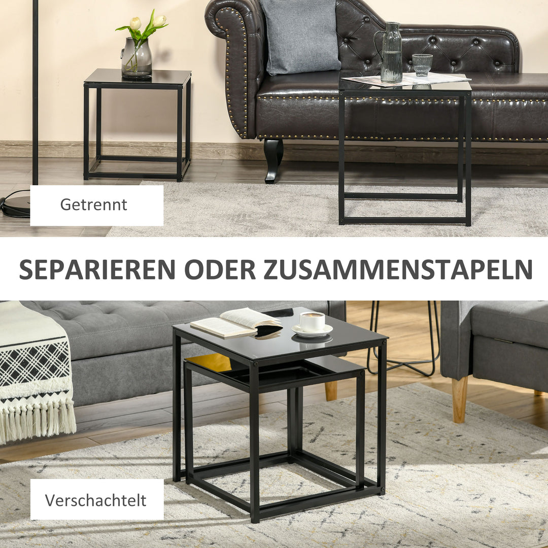 Sæt med 2 sideborde, moderne design, stabelbart, glasbord, sort