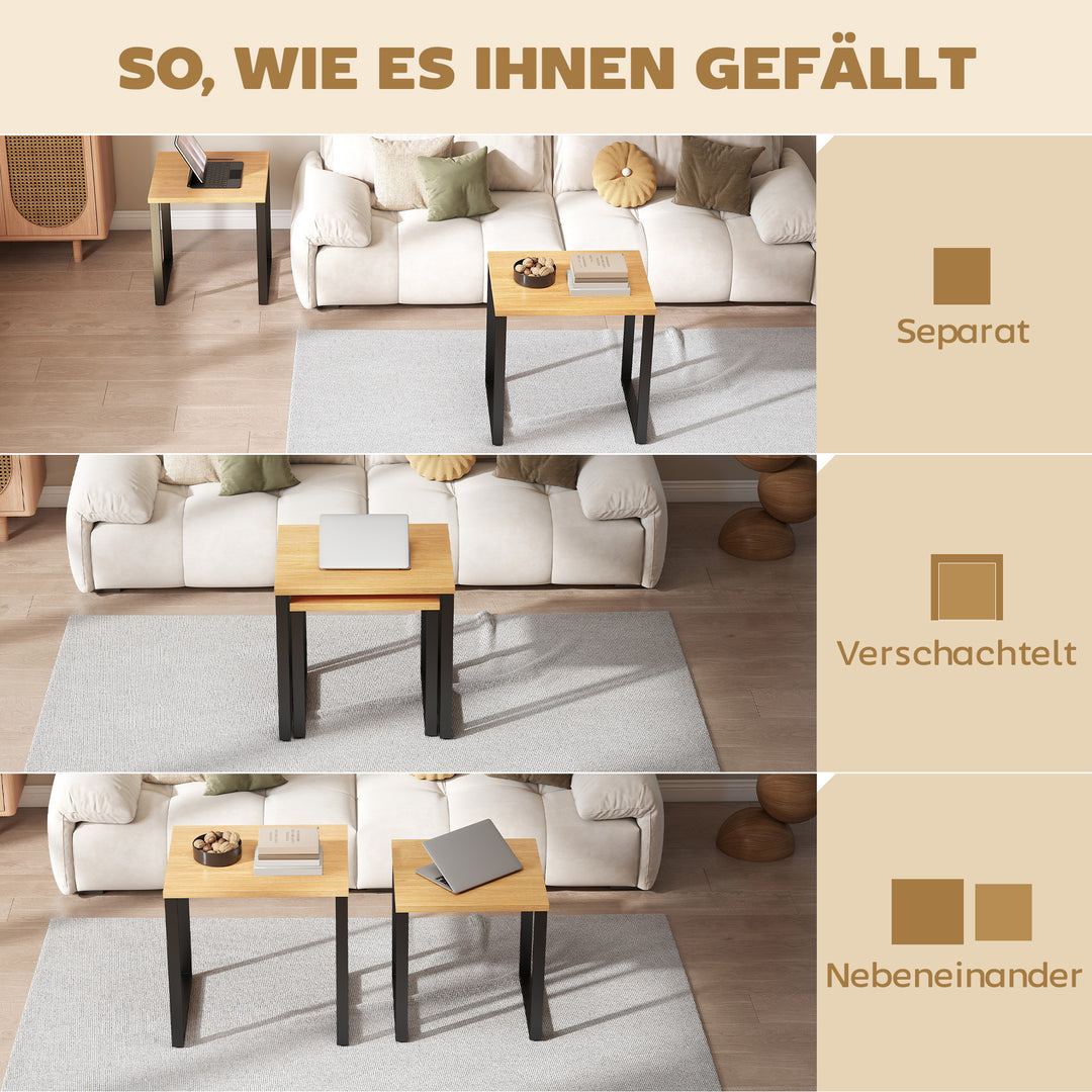 Sofabordsæt med 2, stuebord med metalstel til stuen, naturlig finish