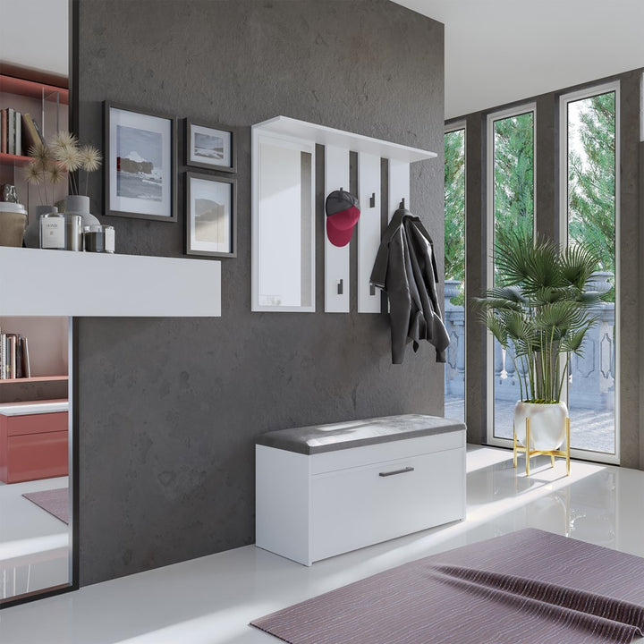 Knagerække med hylde og spejl, hvid