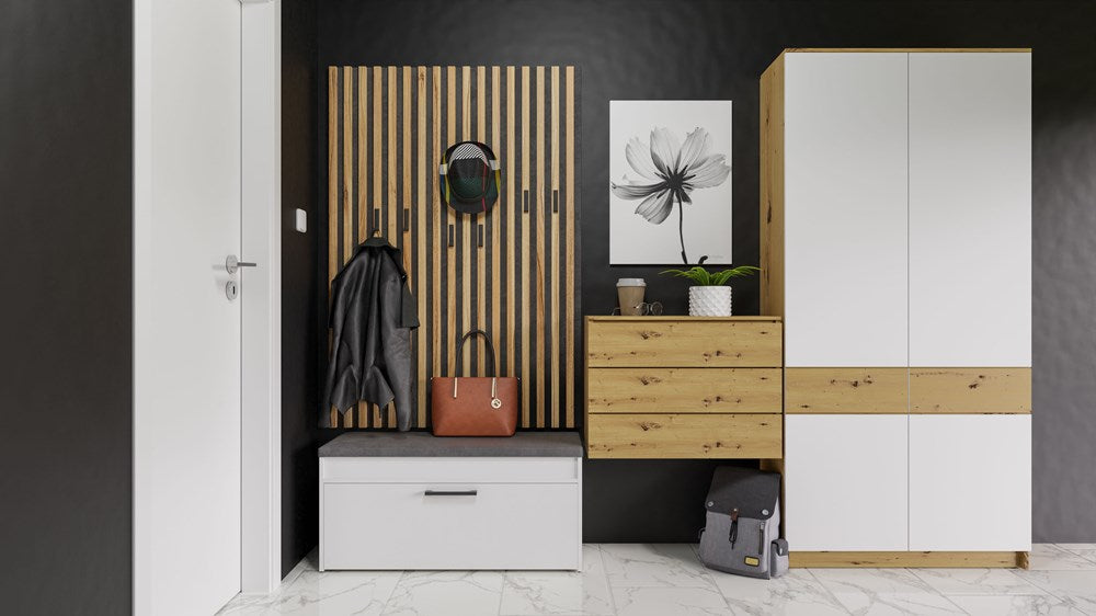 Skobænk med siddeplads og opbevaringsrum, japandi-stil, Dybde: 35 cm Bredde: 100 cm Højde: 49 cm