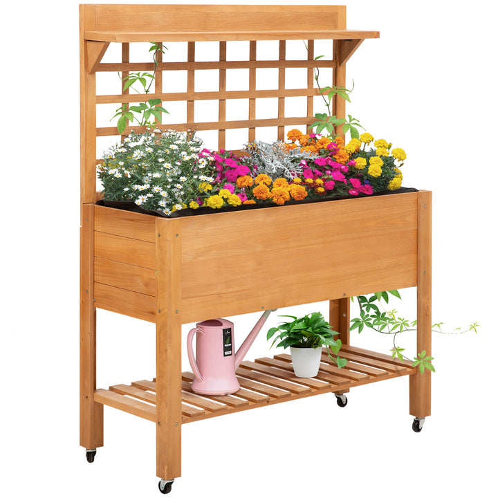 Højbed plantebord blomsterbord arbejdsbord havebord drivhus træ plantebord til have balkon, 105 x 40 x 135 cm, gran, ikke-vævet stof, brun