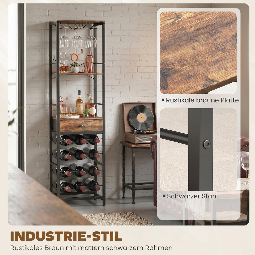 Vinbarskab med skuffe, industrielt barskab, vinreol til 12 flasker, glasholder, rustik brun
