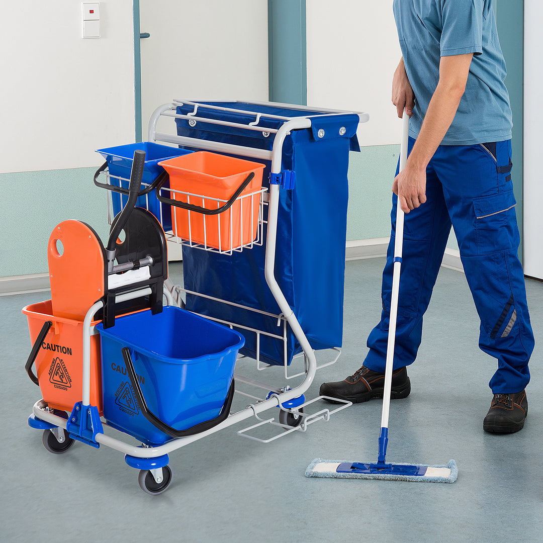 Rengøringsvogn med 2 x 18L og 2 x 6L spande, moppevogn, husholdningsvogn med moppepresse, opbevaringskurv, blå/orange, 93 x 80 x 97 cm