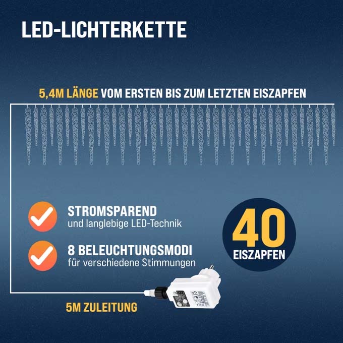 Julelys i form af istapper, 40 LED'er, 10,4 meter