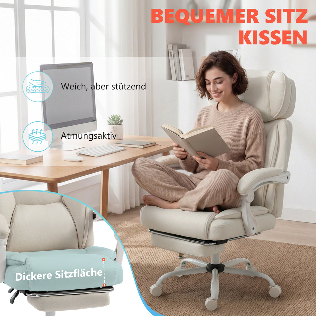 Kontorstol med høj ryg, vibrationsmassage og varme, ergonomisk, vipbar, med fodstøtte, cremehvid