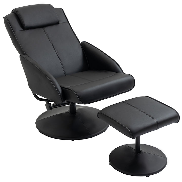 Lænestol med fodskammel, betræk i kunstlæder, lænestol, ergonomisk design, sort