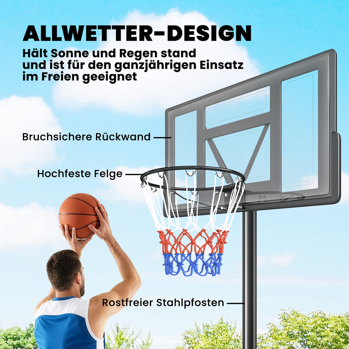 Udendørs basketballkurv 135-305 cm, hurtigt højdejusterbar, basketballstativ med 110x70 cm brudsikkert bagpanel, 2 hjul
