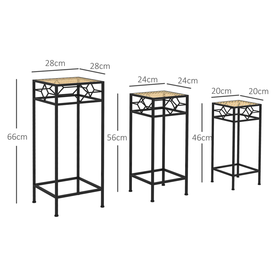 Blomsterstander, sæt med 3, rund, stabelbar, rattan-look, metalben, indendørs og udendørs brug, sort/guld