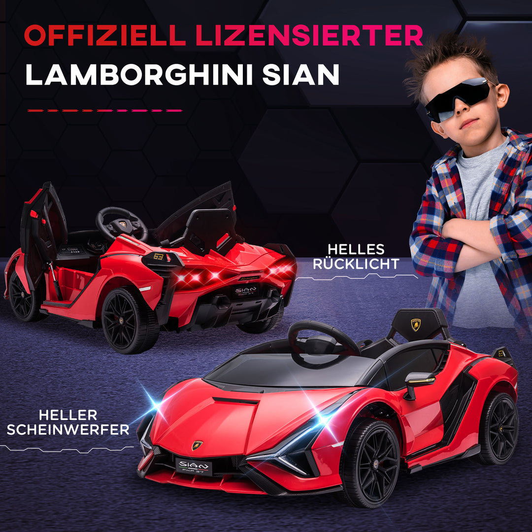 Børnebil 12V 2 køretilstande Lamborghini SIAN SUV legetøjsbil elbil med fjernbetjening musik (MP3/USB) lys 37-60 måneder metalrød 108 x 62 x 40 cm