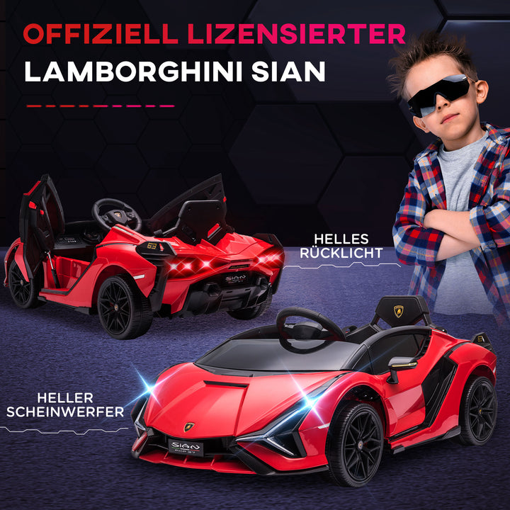 Børnebil 12V 2 køretilstande Lamborghini SIAN SUV legetøjsbil elbil med fjernbetjening musik (MP3/USB) lys 37-60 måneder metalrød 108 x 62 x 40 cm
